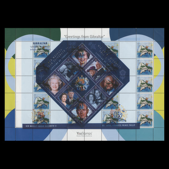 Gibraltar 2007 (Variety) E Dolphins sheet superimposed with 2011 Lifetime of Service sheetlet