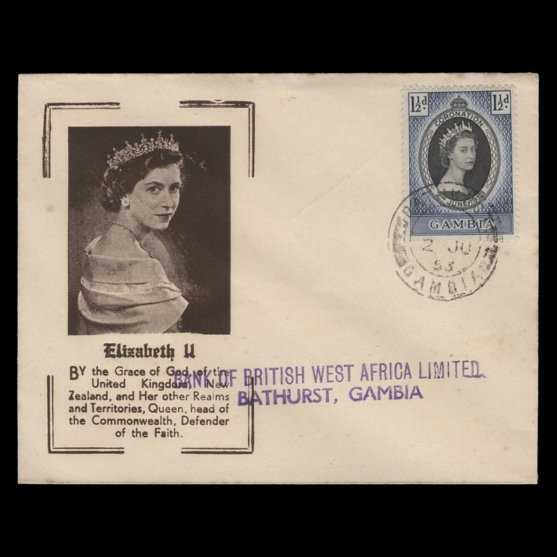 Gambia 1953 (FDC) 1½d Coronation, BATHURST