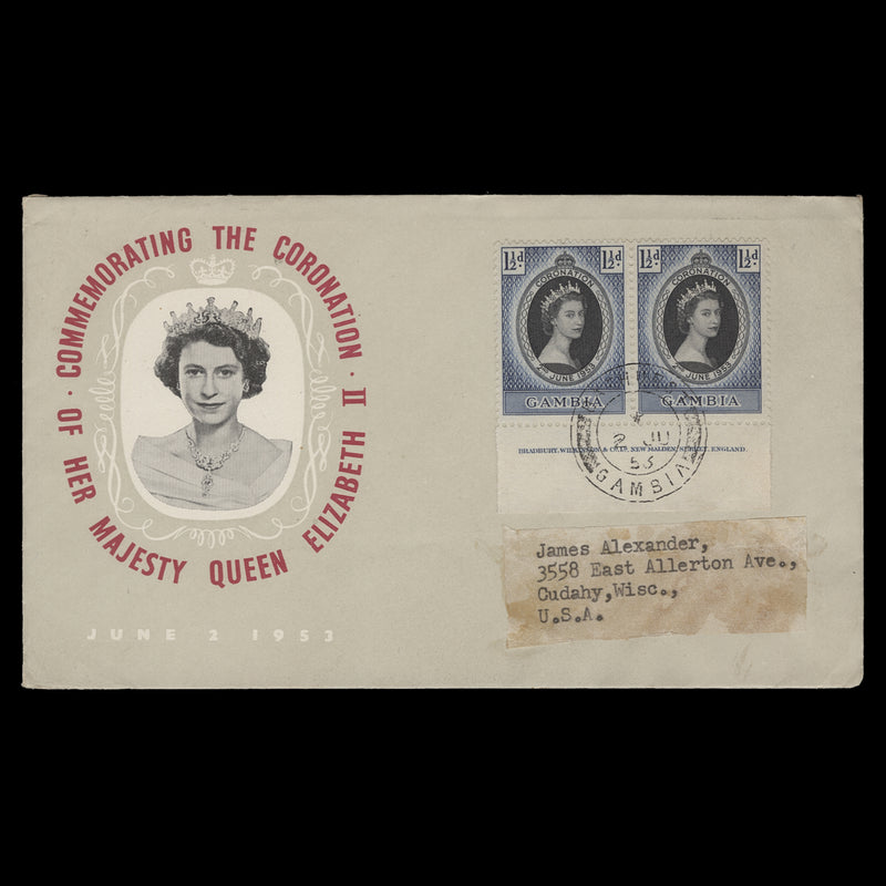 Gambia 1953 (FDC) 1½d Coronation pair, BATHURST