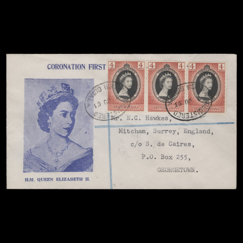 British Guiana 1953 (FDC) 4c Coronation strip, REGISTERED