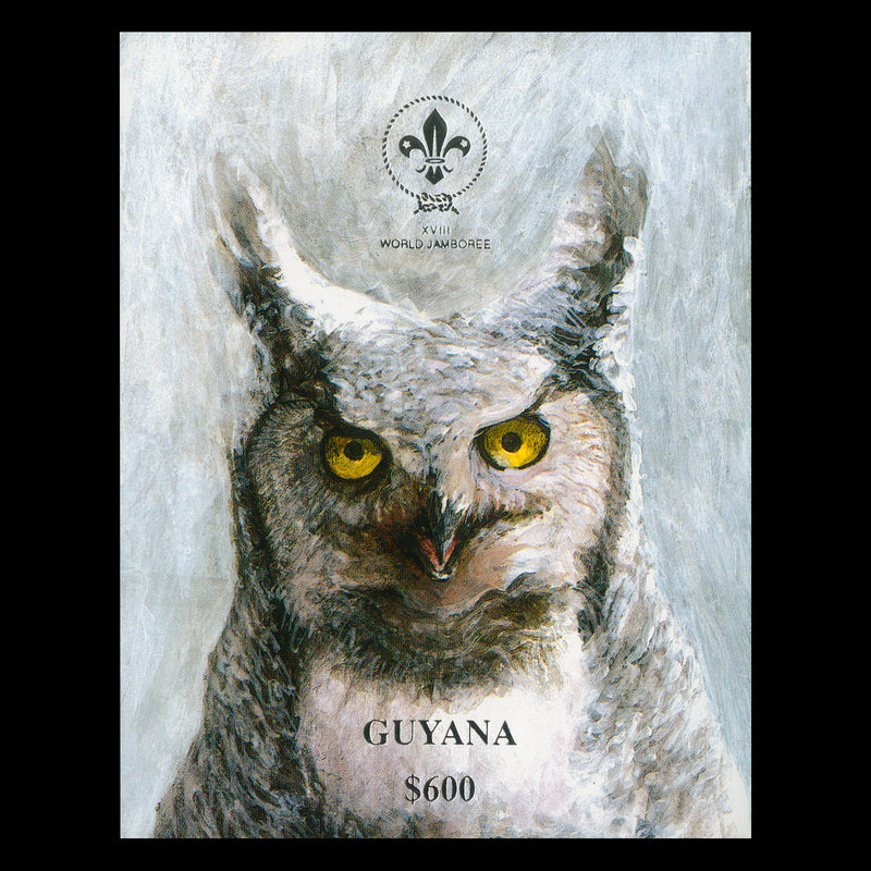 Guyana 1993 (MNH) $600 Great Horned Owl miniature sheet with silver inscriptions