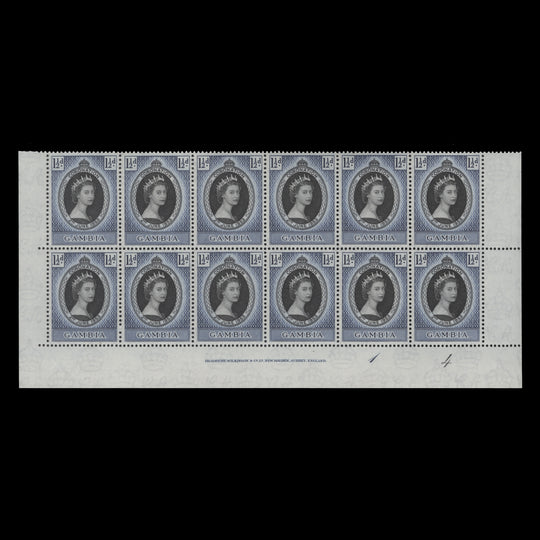 Gambia 1953 (MNH) 1½d Coronation imprint/plate 1–4 block