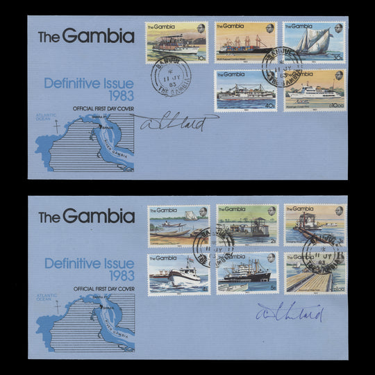 Gambia 1983 River Craft Definitives first day covers signed by designer