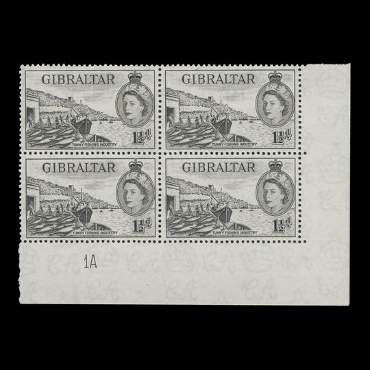 Gibraltar 1953 (MNH) 1½d Tunny Fishing Industry plate 1A block