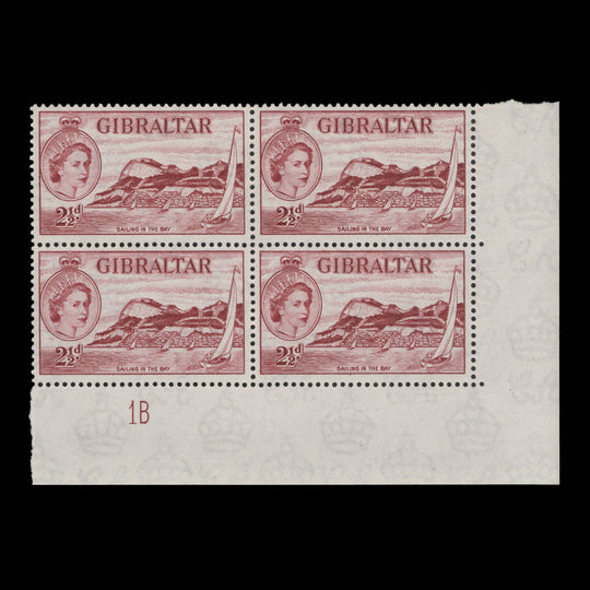Gibraltar 1953 (MNH) 2½d Sailing in the Bay plate 1B block in carmine
