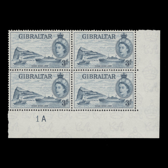 Gibraltar 1953 (MNH) 3d Ocean Going Liner plate 1A block
