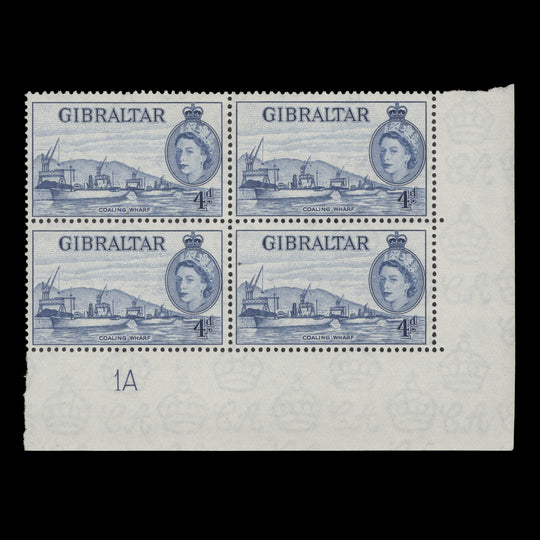 Gibraltar 1953 (MNH) 4d Coaling Wharf plate 1A block in ultramarine