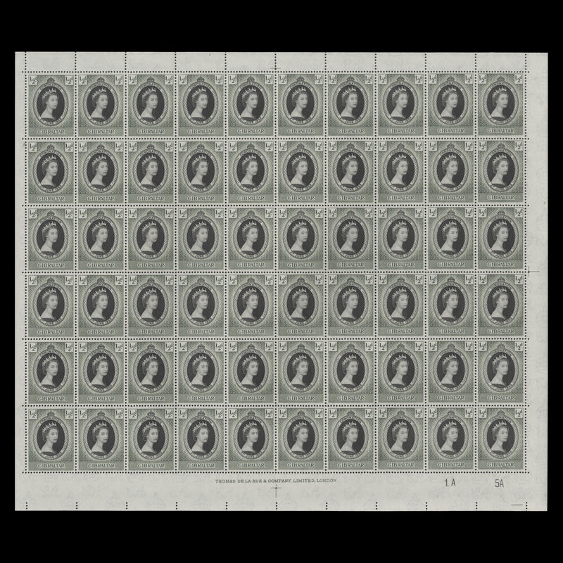 Gibraltar 1953 (MNH) ½d Coronation plate 1A–5A pane of 60 stamps