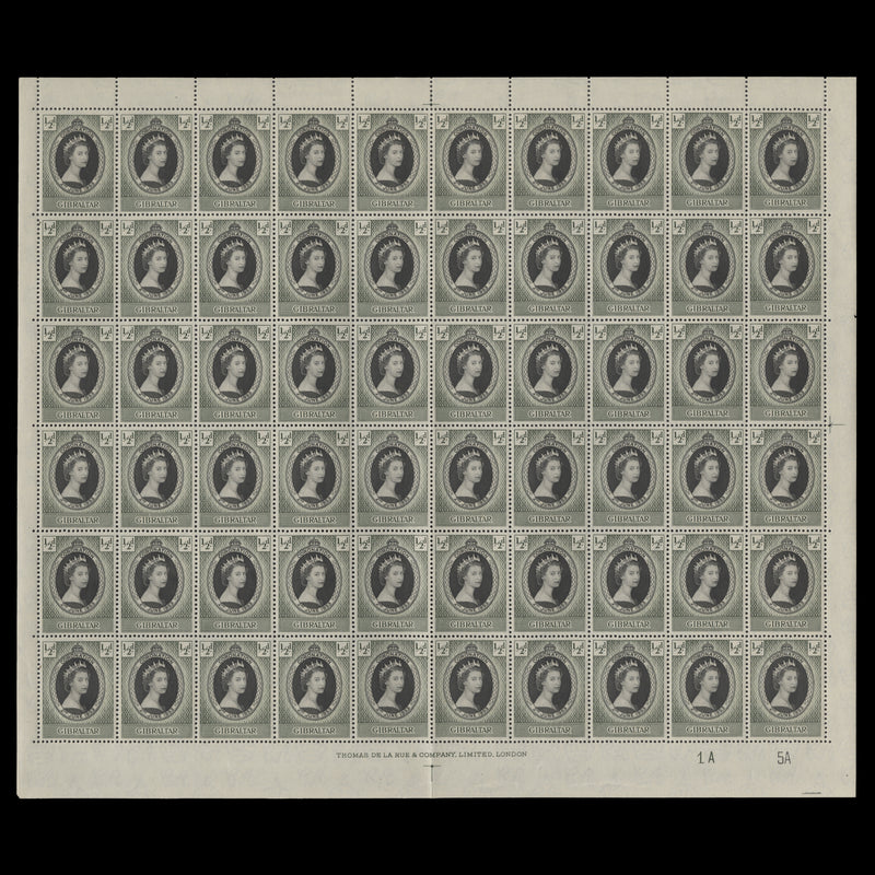 Gibraltar 1953 (MNH) ½d Coronation plate 1A–5A pane of 60 stamps