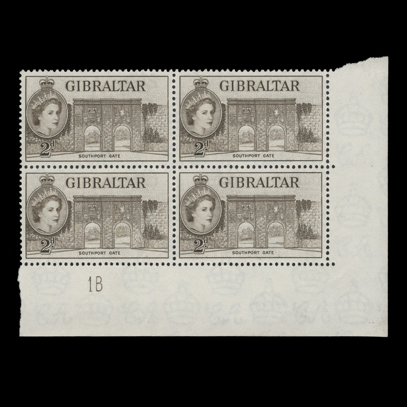 Gibraltar 1958 (MNH) 2d Southport Gate plate 1B block in sepia