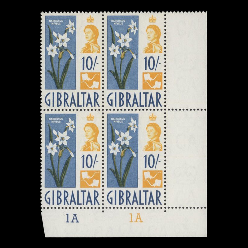 Gibraltar 1960 (MNH) 10s Narcissus Niveus plate 1A–1A block