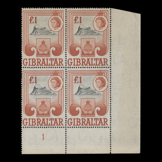Gibraltar 1960 (MNH) £1 Badge of Gibraltar Regiment plate 1 block