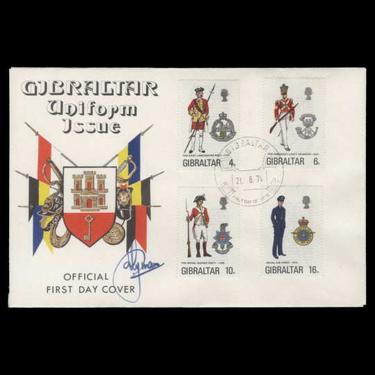 Gibraltar 1974 Military Uniforms first day cover signed by Freddy Ryman