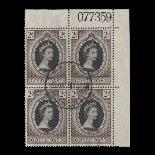 Gold Coast 1953 (Used) 2d Coronation sheet number block, OBUASI
