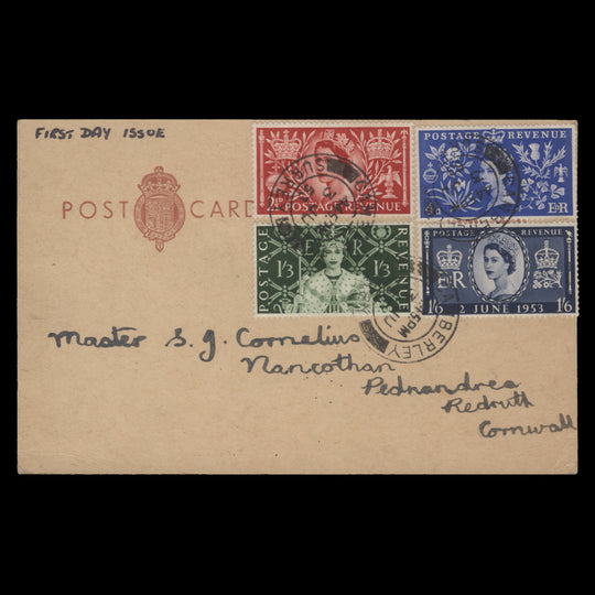 Great Britain 1953 Coronation first day postcard, CAMBERLEY