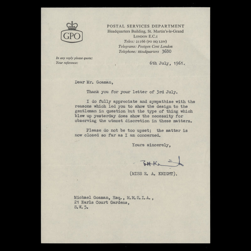 Great Britain 1961 CEPT correspondence between the GPO and Michael Goaman