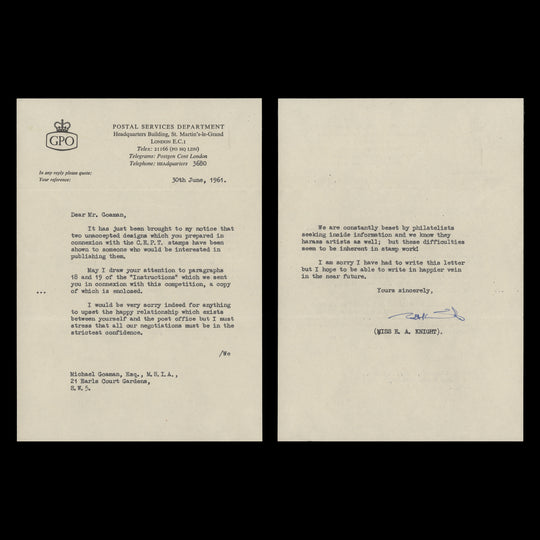 Great Britain 1961 CEPT correspondence between the GPO and Michael Goaman