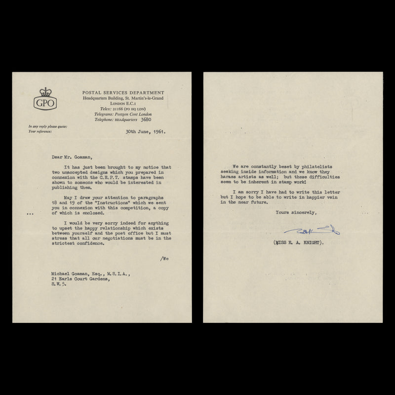 Great Britain 1961 CEPT correspondence between the GPO and Michael Goaman