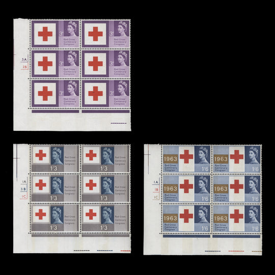 Great Britain 1963 (MLH) Red Cross Centenary phosphor cylinder no-dot blocks