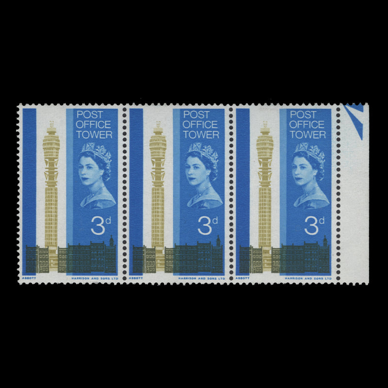 Great Britain 1965 (Variety) 3d Post Office Tower ordinary strip with extra window flaw