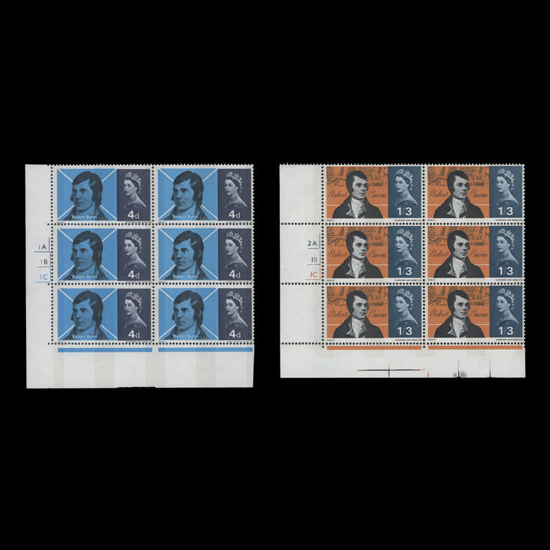 Great Britain 1966 (MLH) Robert Burns phosphor cylinder blocks