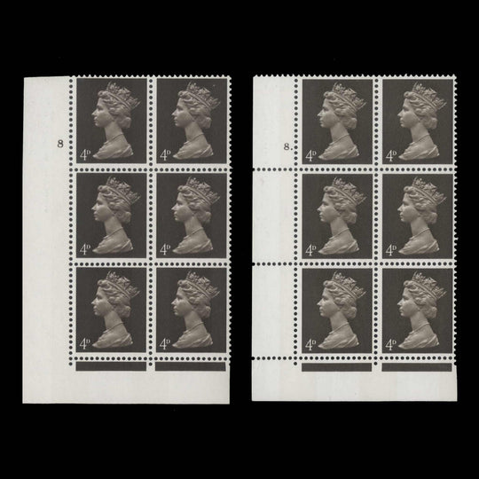 Great Britain 1967 (MNH) 4d Deep Sepia cylinder 8 and 8. blocks, gum arabic