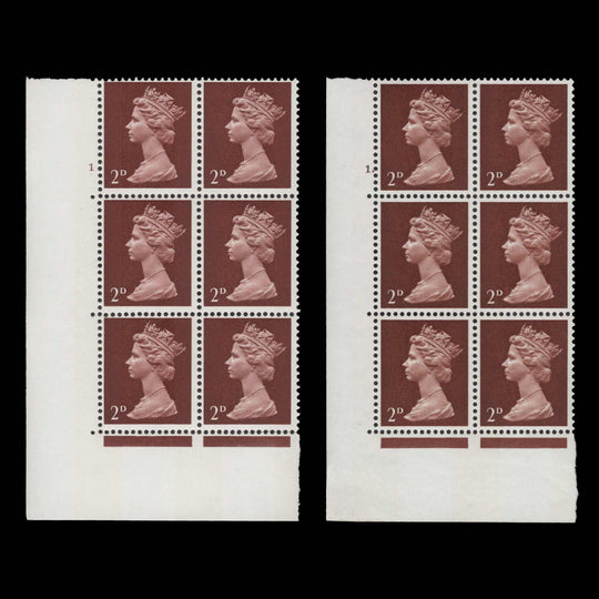 Great Britain 1968 (MNH) 2d Lake-Brown cylinder 1 and 1. blocks