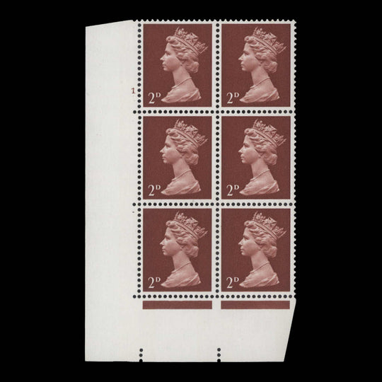 Great Britain 1968 (MNH) 2d Lake-Brown cylinder 1 block