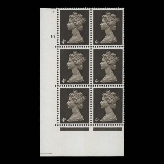 Great Britain 1968 (MNH) 4d Deep Olive-Brown cylinder 10. block, PVA
