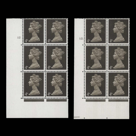 Great Britain 1968 (MNH) 4d Deep Olive-Brown cylinder 12 and 12. blocks, one phosphor band