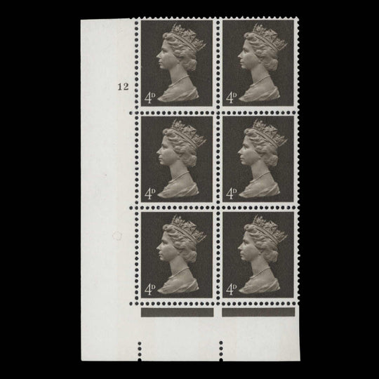 Great Britain 1968 (MNH) 4d Deep Olive-Brown cylinder 12 block, PVA