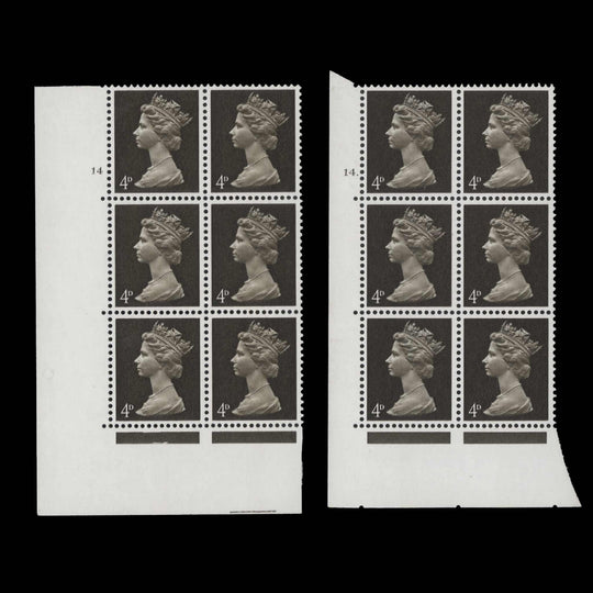 Great Britain 1968 (MNH) 4d Deep Olive-Brown cylinder 14 and 14. blocks, one phosphor band