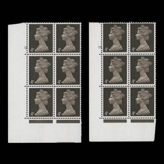 Great Britain 1968 (MNH) 4d Deep Olive-Brown cylinder 15 and 15. blocks, one phosphor band