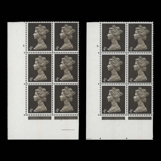 Great Britain 1968 (MNH) 4d Deep Olive-Brown cylinder 4 and 4. blocks, one phosphor band