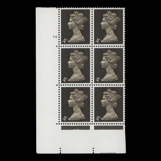 Great Britain 1968 (MNH) 4d Deep Olive-Sepia cylinder 14 block, PVA