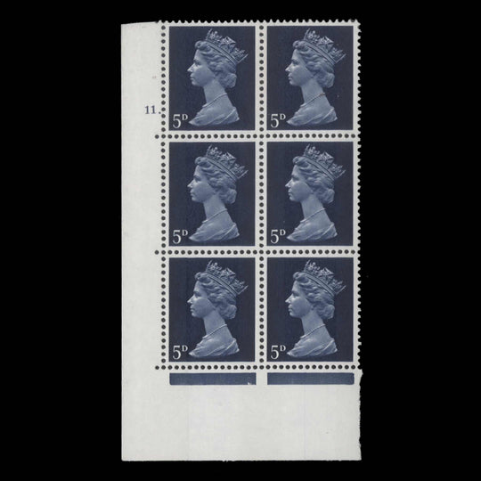 Great Britain 1968 (MNH) 5d Deep Blue cylinder 11. block