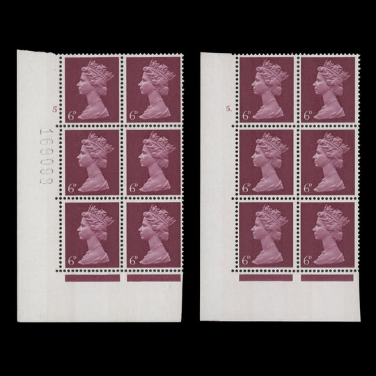 Great Britain 1968 (MNH) 6d Bright Reddish Purple cylinder 5 and 5. blocks