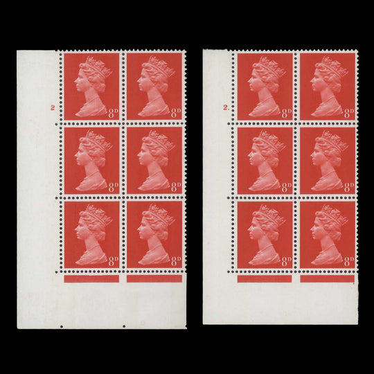 Great Britain 1968 (MNH) 8d Bright Vermilion cylinder 2 and 2. blocks