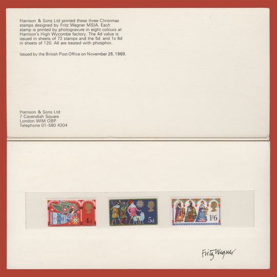 Great Britain 1969 Christmas presentation folder signed by the stamp designer
