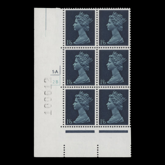Great Britain 1969 (MNH) 1s6d Indigo & Prussian Blue cylinder 5A–2B block, phosphorised paper