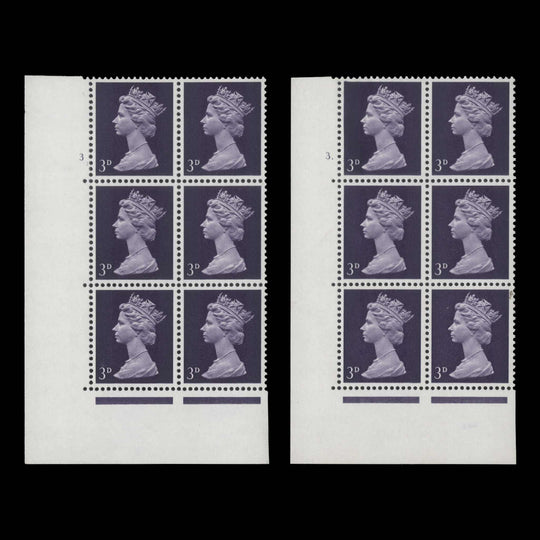 Great Britain 1969 (MNH) 3d Violet cylinder 3 and 3. blocks, PVA, perf type A