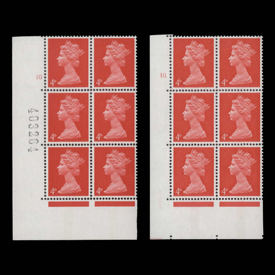 Great Britain 1969 (MNH) 4d Bright Vermilion cylinder 10 and 10. blocks