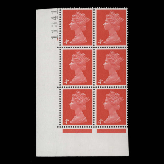 Great Britain 1969 (MNH) 4d Bright Vermilion cylinder 15 block