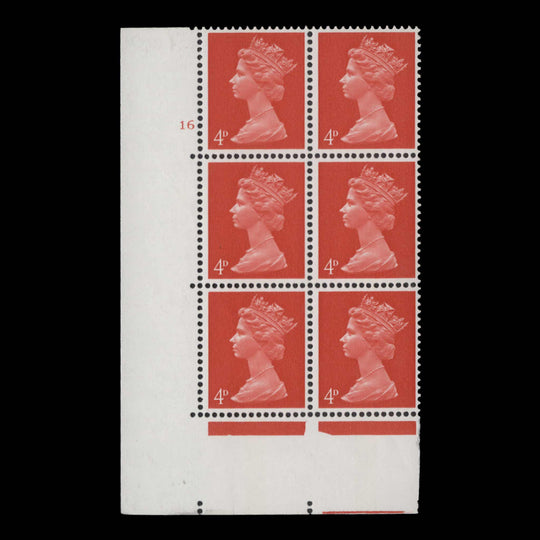 Great Britain 1969 (MNH) 4d Bright Vermilion cylinder 16 block