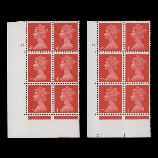 Great Britain 1969 (MNH) 4d Bright Vermilion cylinder 17 and 17. blocks