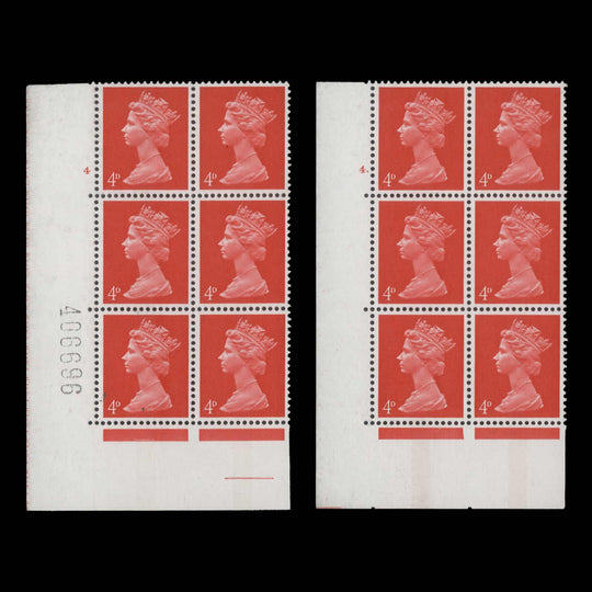 Great Britain 1969 (MNH) 4d Bright Vermilion cylinder 4 and 4. blocks