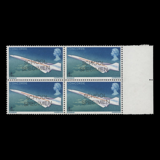Great Britain 1969 (Variety) 4d Concorde block with SCHOOL SPECIMEN overprint