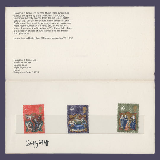 Great Britain 1970 Christmas presentation folder signed by Sally Stiff