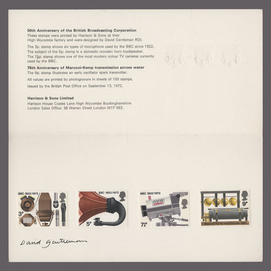 Great Britain 1972 Broadcasting Anniversaries presentation folder signed by designer