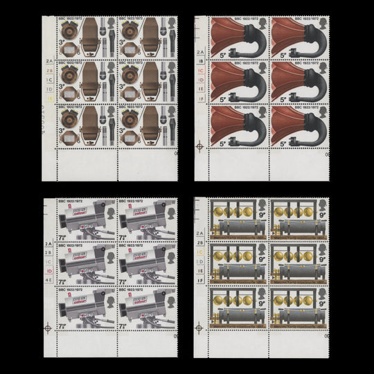 Great Britain 1972 (MLH) Broadcasting Anniversaries cylinder no-dot blocks